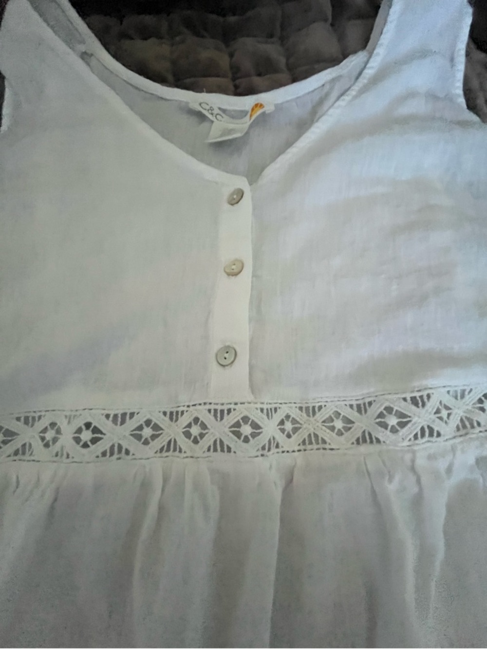 Boho White Tiered Beach Cover Up Mini Dress Lace Trim Flowy Medium Linen Blend - Picture 8 of 9